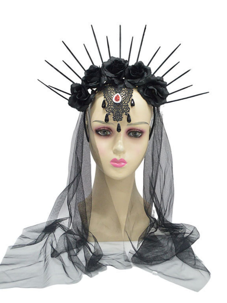 Black Gothic Rose Veil Headpiece with Spikes, vintage fashion, retro style - vintage inspired fashion
