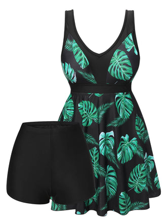Black & Green 1950s Tropical Skirted Swimsuit, vintage skirt, retro style - perfect for women who love vintage and retro fashion