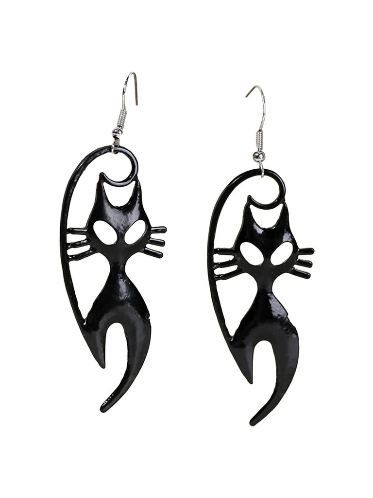 Black Halloween Cat Dangle Earrings - vintage fashion, retro style, classic black