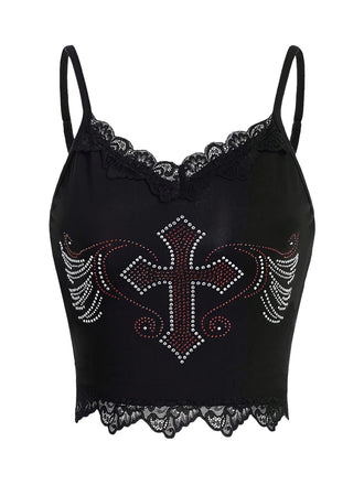 She pairs this Black Halloween Cross Rhinestone Camisole with confidence and vintage charm