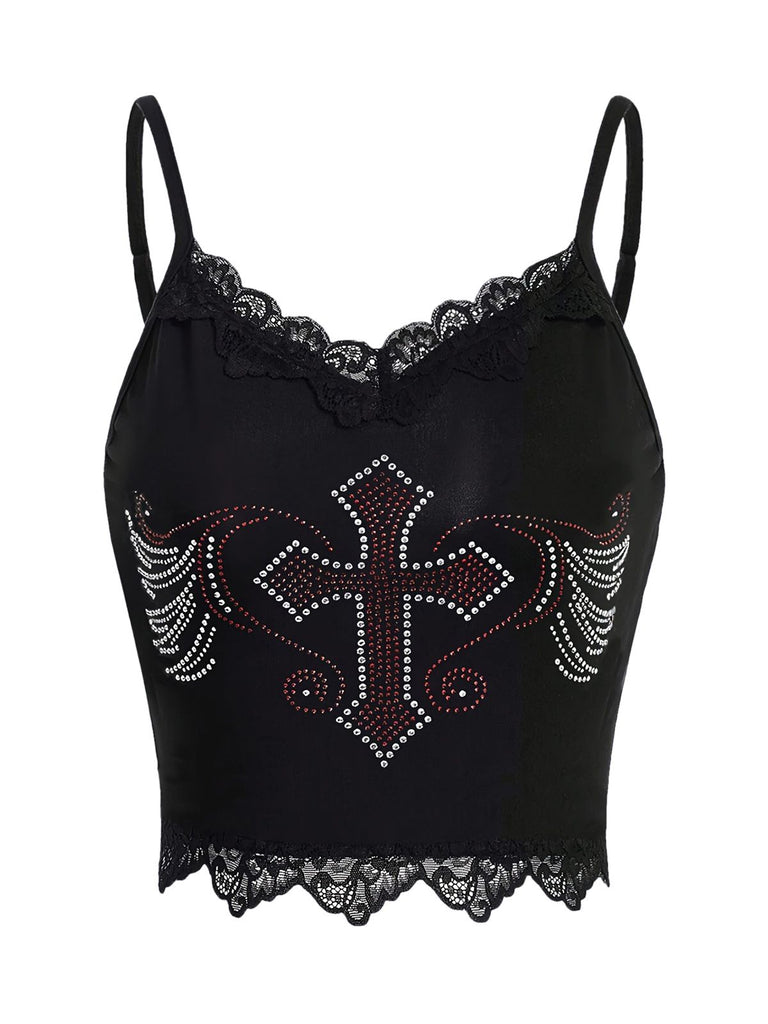 Black Halloween Cross Rhinestone Camisole: a vintage classic that whispers rather than shouts