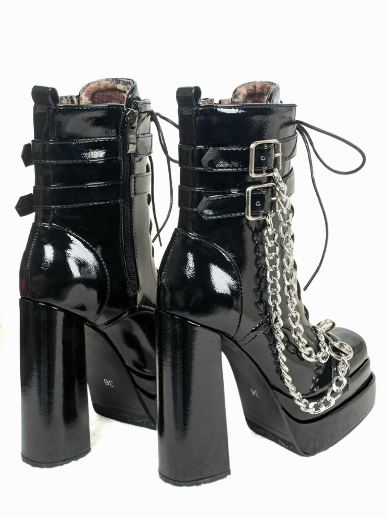 Black Patent Chains Gothic High Heels Boots - vintage shoes, retro heels, classic black