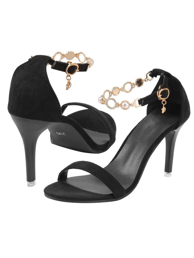 Black Pearl Chain Metal Point Toe Cone Heels, vintage shoes, retro heels - perfect for women who love vintage and retro fashion