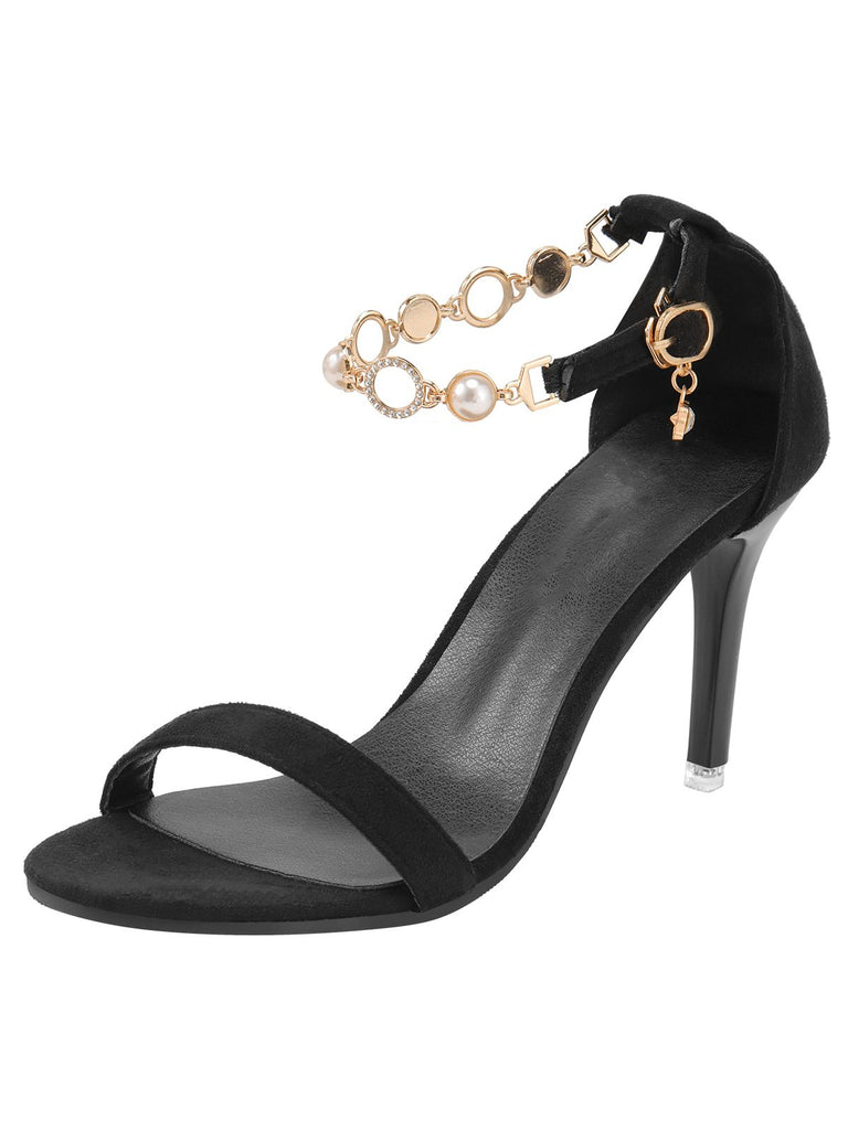 Black Pearl Chain Metal Point Toe Cone Heels, vintage shoes, retro heels - perfect for women who love vintage and retro fashion