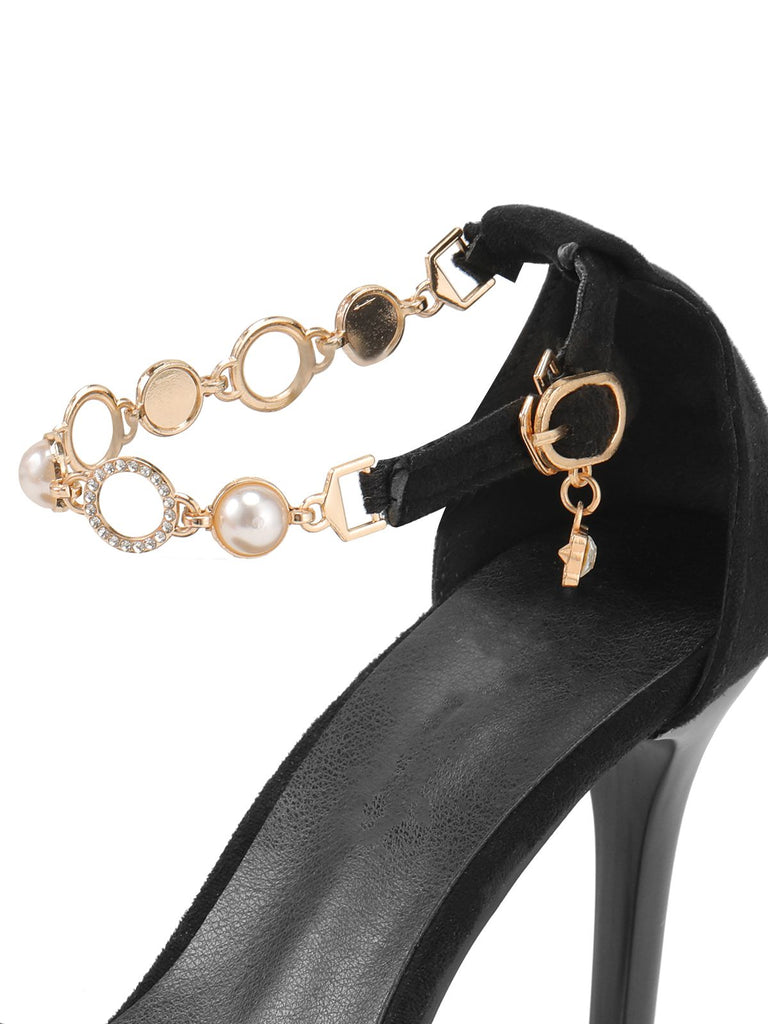Black Pearl Chain Metal Point Toe Cone Heels, vintage shoes, retro heels - perfect for women who love vintage and retro fashion