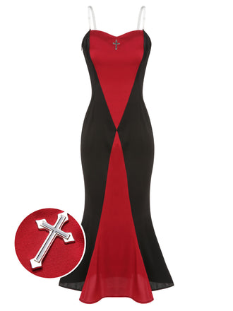 Black & Red 1930s Halloween Fishtail Strap Dress, vintage dress, retro fashion - perfect for women who love vintage and retro fashion