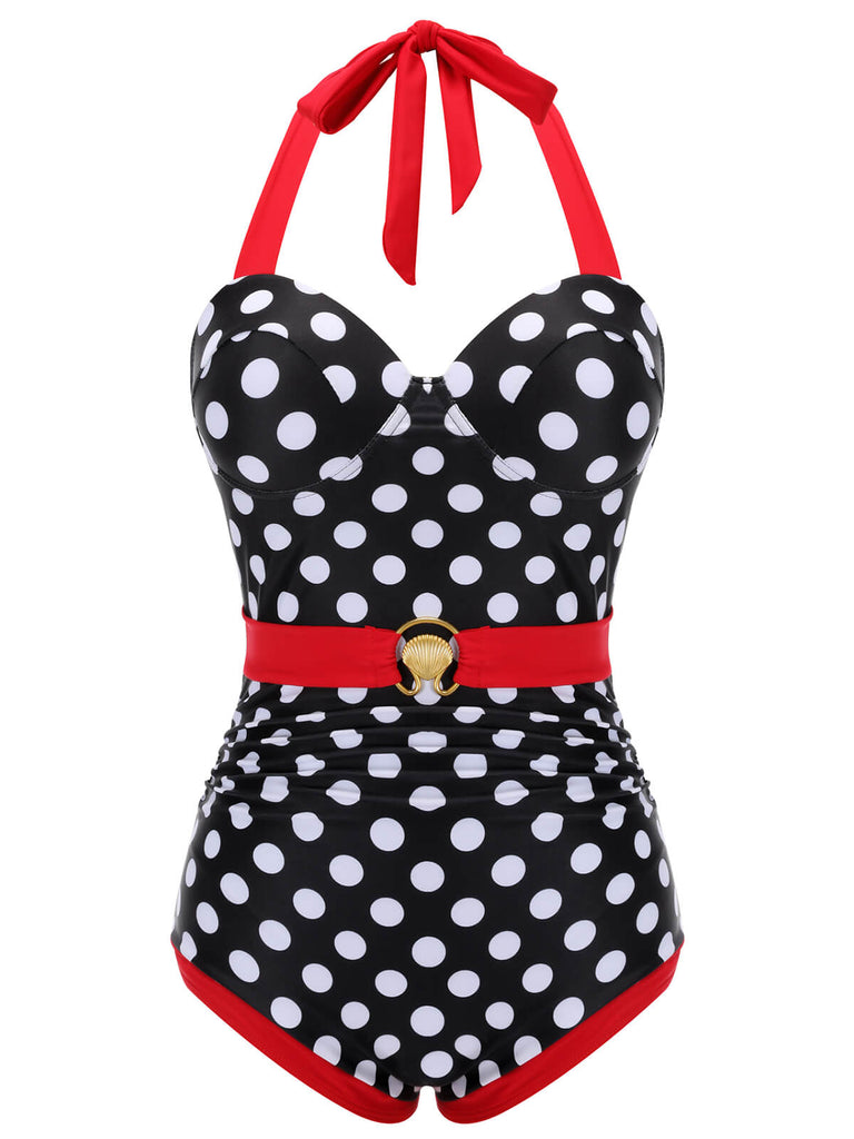 Black & Red 1950s Dots Halter Swimsuit, vintage swimsuit, pin-up swimwear - perfect for women who love vintage and retro fashion