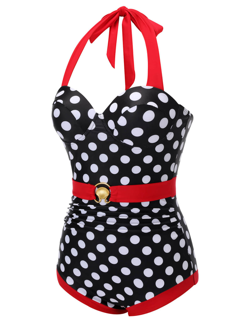 Black & Red 1950s Dots Halter Swimsuit, vintage swimsuit, pin-up swimwear - perfect for women who love vintage and retro fashion