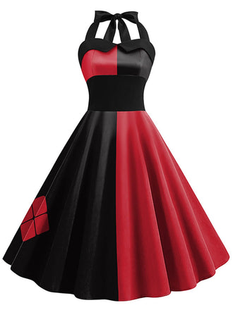 Black & Red 1950s Halloween Patchwork Halter Dress: timeless style reimagined