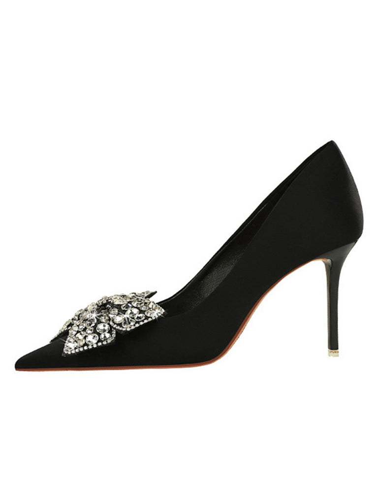 Black Rhinestone Satin Pointed Toe Stiletto Heels: timeless vintage elegance she makes her own