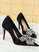 Black Rhinestone Satin Pointed Toe Stiletto Heels — vintage style that transcends decades