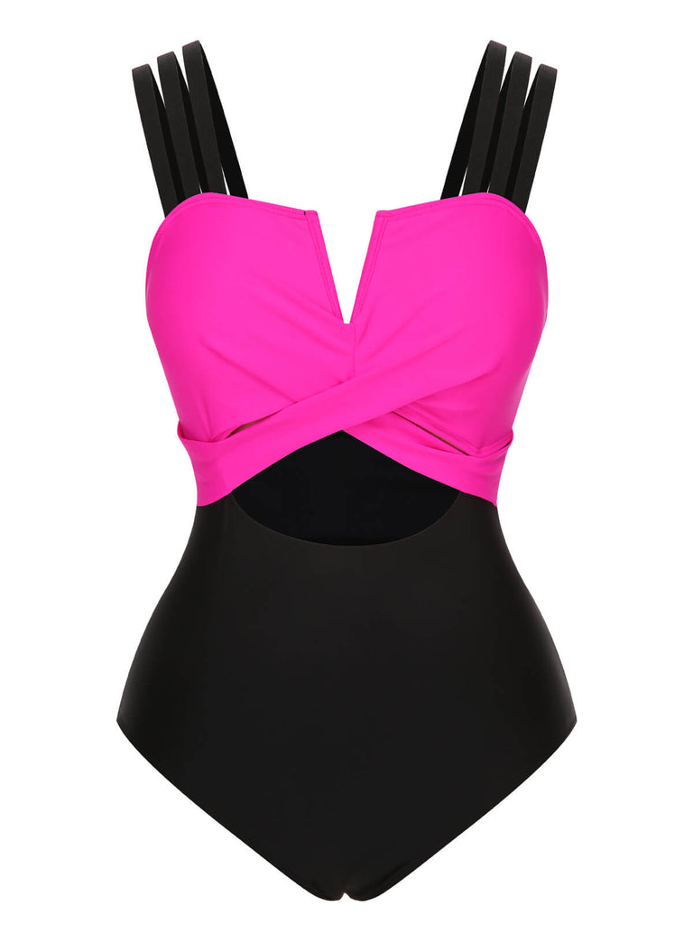 She's wearing Black & Rose Red 1960s Color Block Swimsuit and the whole beach remembers the 1960s