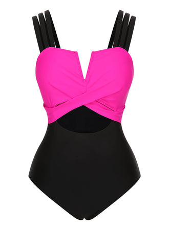 She's wearing Black & Rose Red 1960s Color Block Swimsuit and the whole beach remembers the 1960s