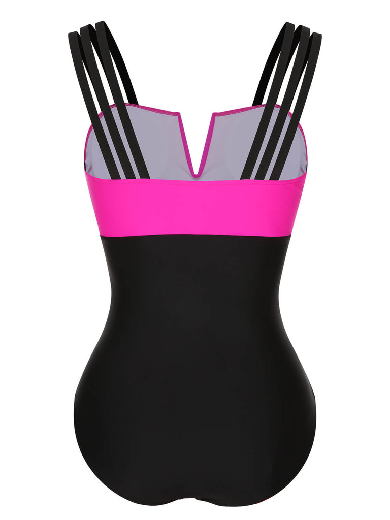This Black & Rose Red 1960s Color Block Swimsuit carries 1960s vacation dreams in every stitch