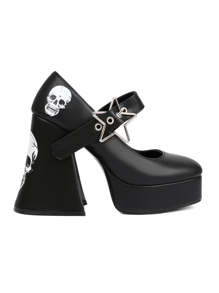 This Black Skull Buckle Strap Platform Chunky Shoes whispers vintage secrets to those who notice