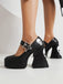 She finds her vintage story in this Black Skull Buckle Strap Platform Chunky Shoes