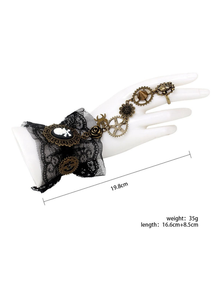 Black Vintage Gothic Punk Lace Bracelet with Ring - vintage fashion, retro style, classic black