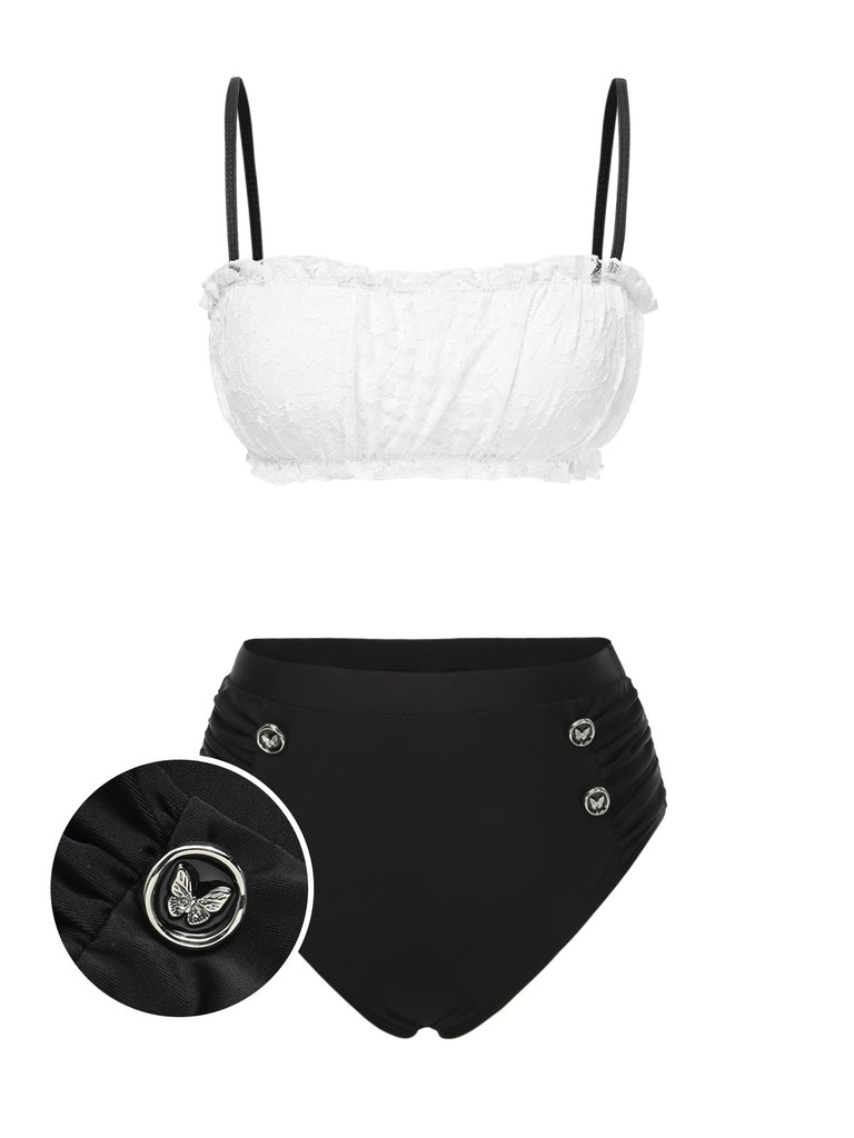 Black & White 1930s Colorblock Lace Bikini Set - vintage fashion, retro style, classic black
