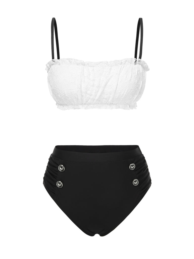 Black & White 1930s Colorblock Lace Bikini Set - vintage fashion, retro style, classic black