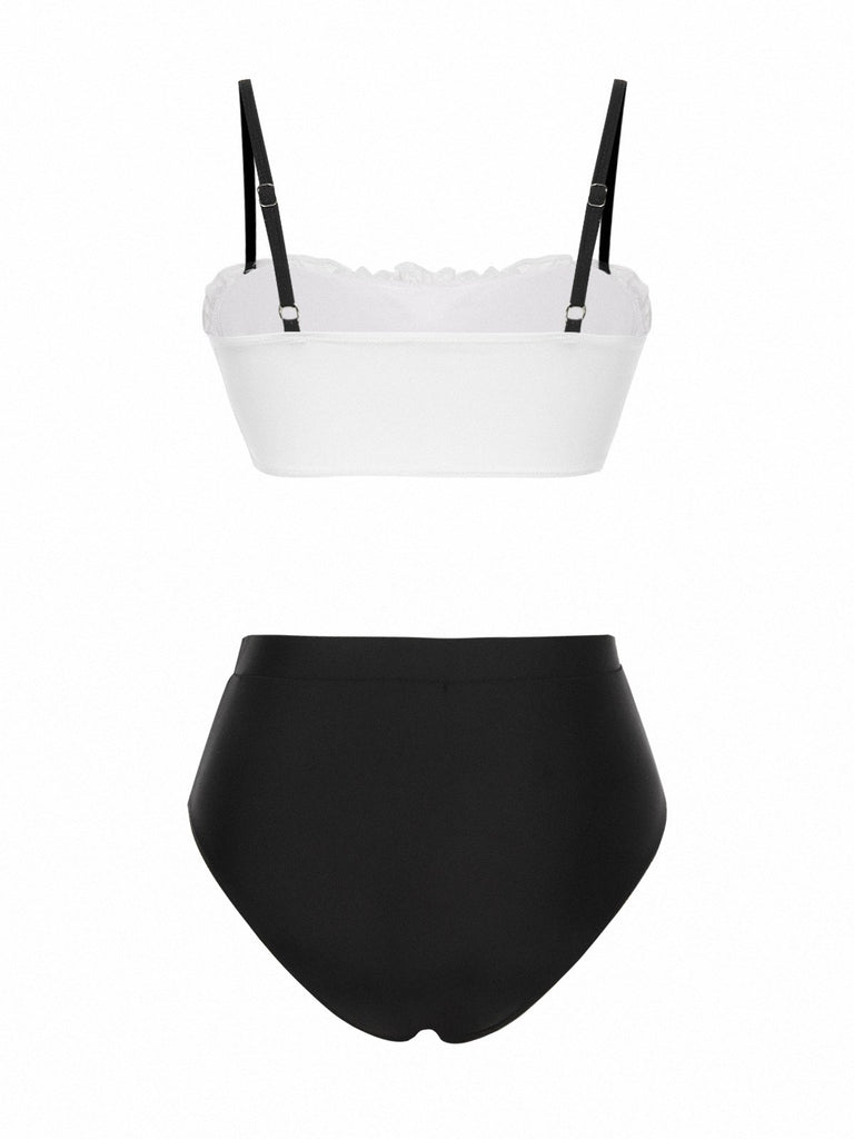 Black & White 1930s Colorblock Lace Bikini Set - vintage fashion, retro style, classic black