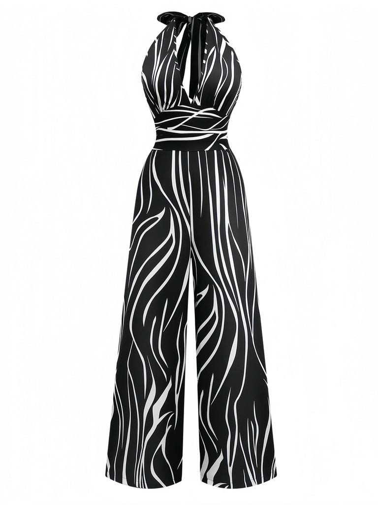 Black & White 1930s Irregular Print Halter Jumpsuit - vintage jumpsuit, retro fashion, classic black