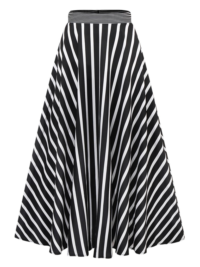 Black & White 1930s Striped High Rise Long Skirt - vintage skirt, retro style, classic black