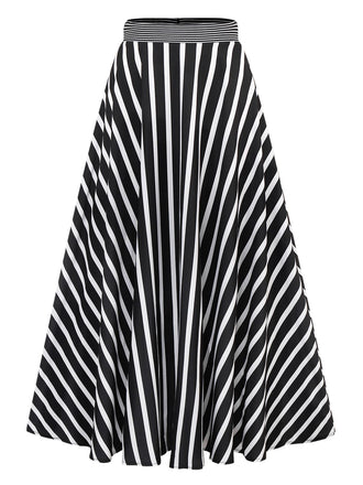 Black & White 1930s Striped High Rise Long Skirt - vintage skirt, retro style, classic black