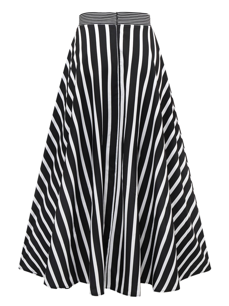 Black & White 1930s Striped High Rise Long Skirt - vintage skirt, retro style, classic black