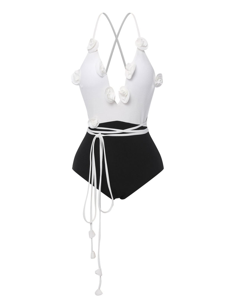Black & White 1950s 3D Flowers Lace-Up Swimsuit, vintage swimsuit, pin-up swimwear - perfect for women who love vintage and retro fashion