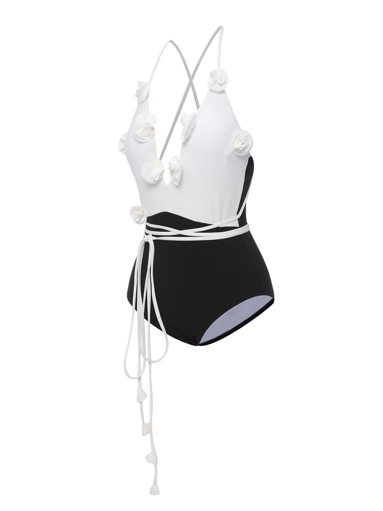 Black & White 1950s 3D Flowers Lace-Up Swimsuit, vintage swimsuit, pin-up swimwear - perfect for women who love vintage and retro fashion
