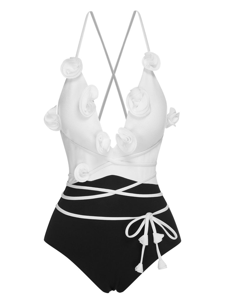 Black & White 1950s 3D Flowers Lace-Up Swimsuit, vintage swimsuit, pin-up swimwear - perfect for women who love vintage and retro fashion