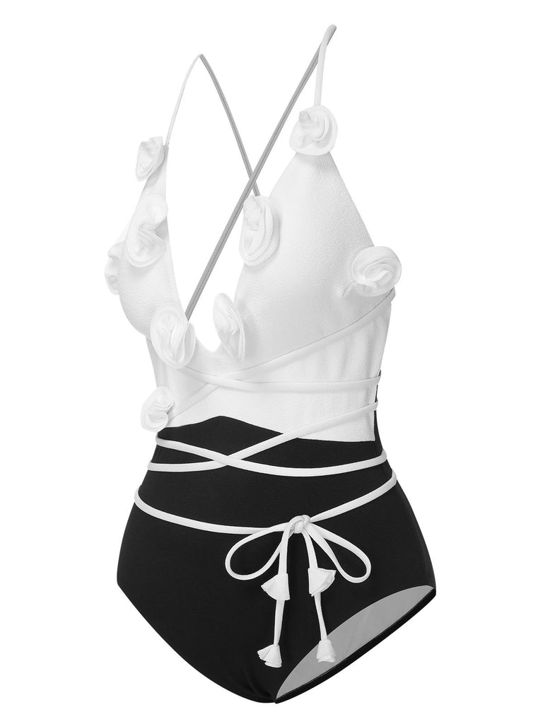 Black & White 1950s 3D Flowers Lace-Up Swimsuit, vintage swimsuit, pin-up swimwear - perfect for women who love vintage and retro fashion