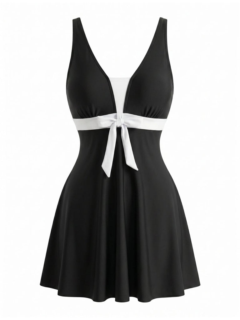 Black 1950s Colorblock Tropical Tankini Set 2
