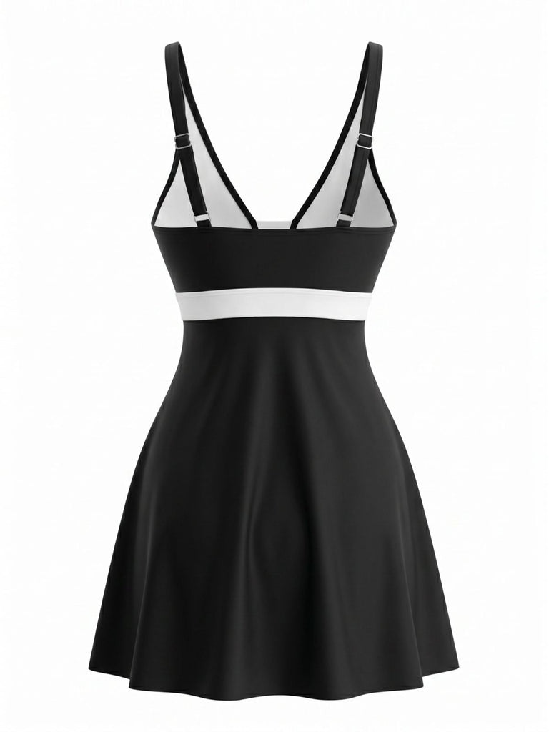 Black 1950s Colorblock Tropical Tankini Set 3