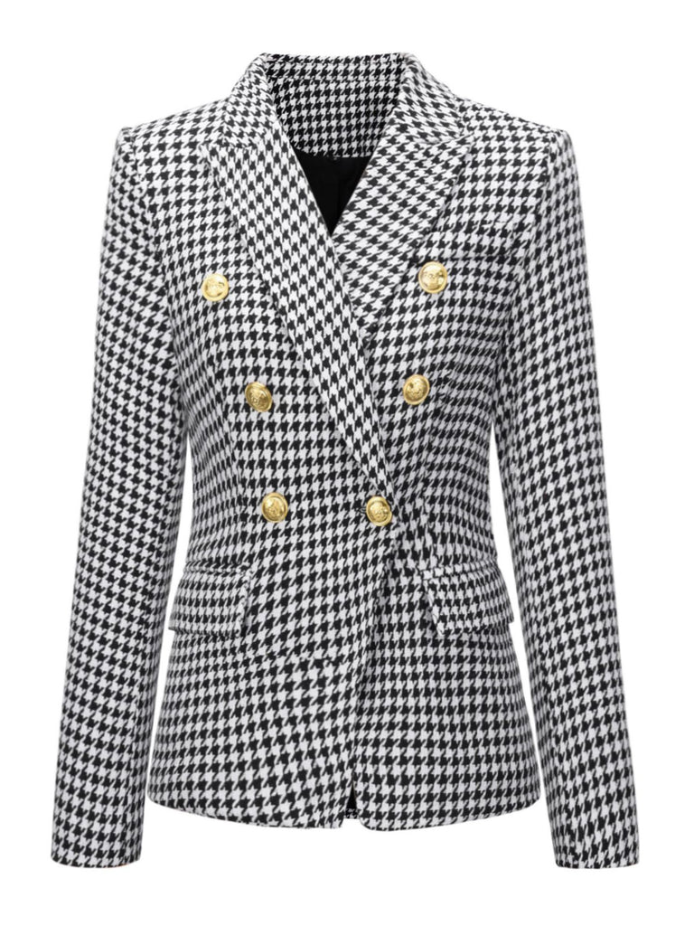 She throws on this Black & White 1950s Double Breasted Houndstooth Blazer and the city feels like 1950s Paris