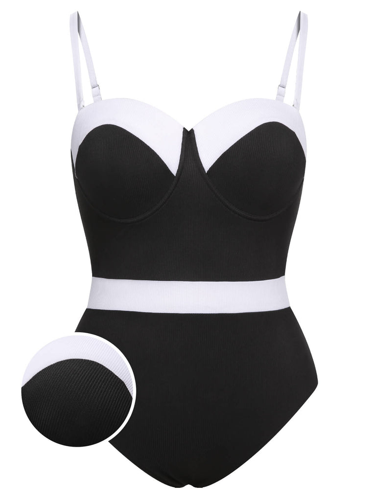 [Plus Size] Black & White 1950s Patchwork Strap Swimsuit, vintage swimsuit, pin-up swimwear - perfect for women who love vintage and retro fashion