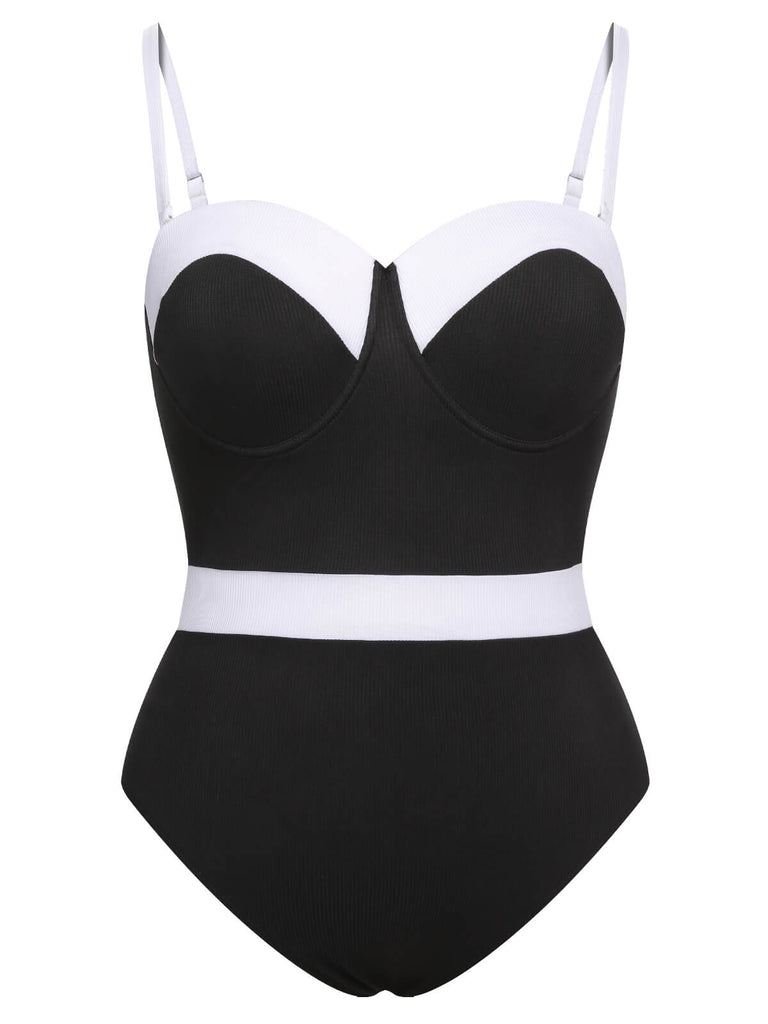 [Plus Size] Black & White 1950s Patchwork Strap Swimsuit, vintage swimsuit, pin-up swimwear - perfect for women who love vintage and retro fashion
