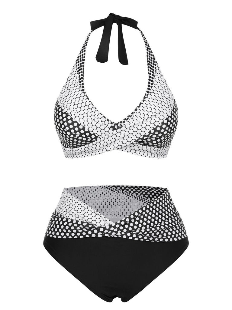 Black & White 1950s Polka Dot Halter Swimsuit, vintage swimsuit, pin-up swimwear - perfect for women who love vintage and retro fashion