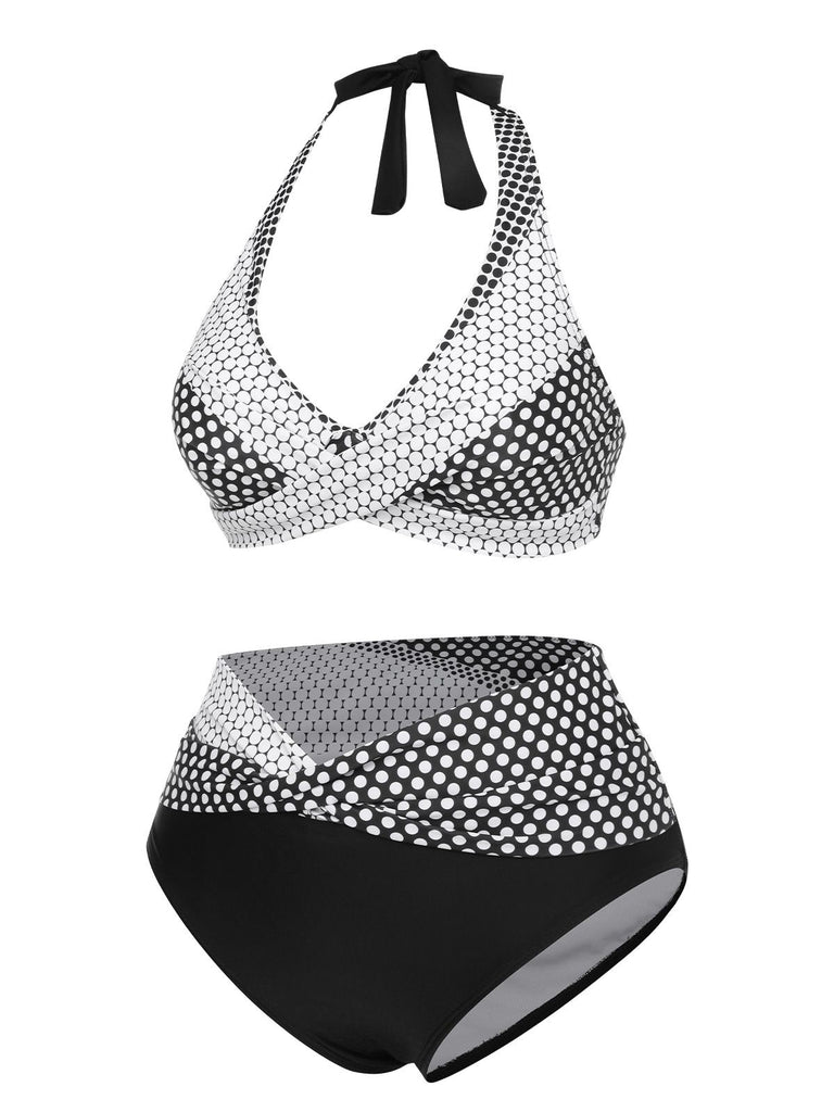 Black & White 1950s Polka Dot Halter Swimsuit, vintage swimsuit, pin-up swimwear - perfect for women who love vintage and retro fashion