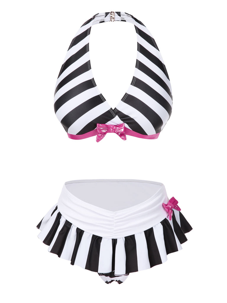 Black & White 1950s Stripe Bow Halter Bikini: 1950s Riviera elegance, reimagined for her