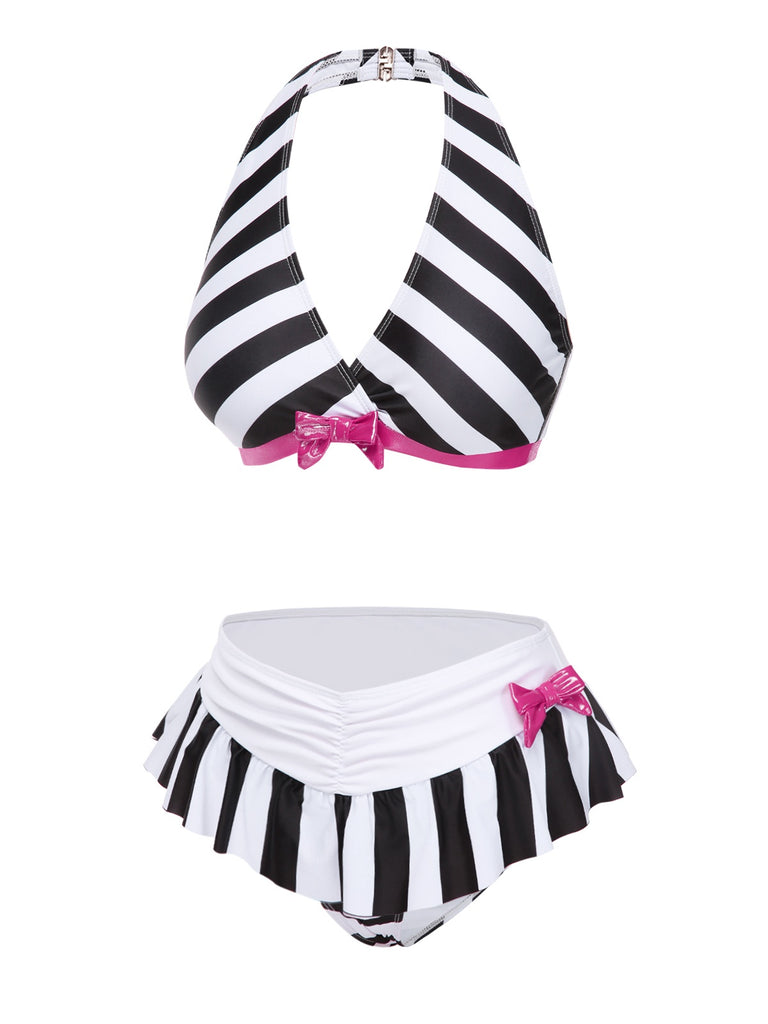 This Black & White 1950s Stripe Bow Halter Bikini carries 1950s vacation dreams in every stitch