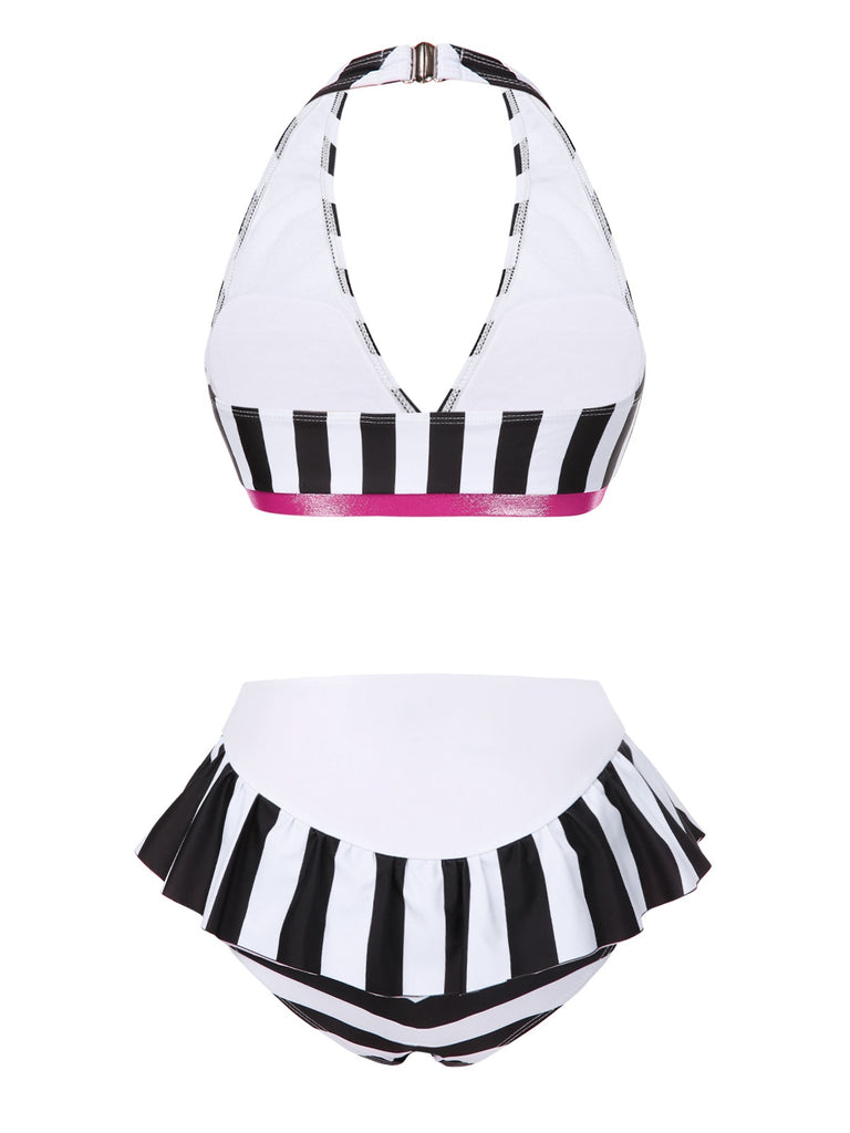 Black & White 1950s Stripe Bow Halter Bikini — because 1950s glamour never goes out of style