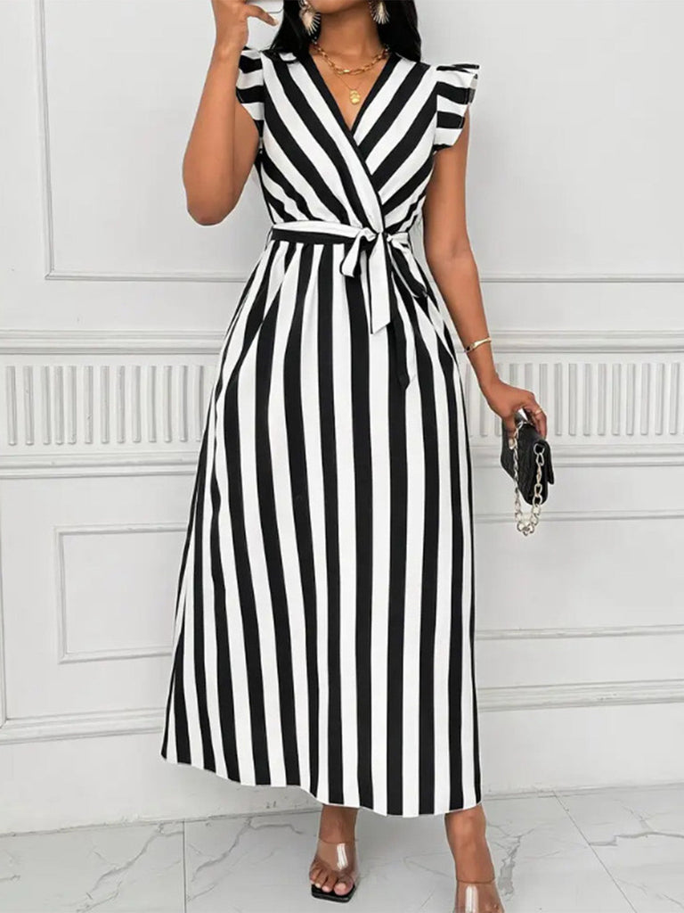 [Pre-Sale] Black White 1950s V-Neck Ruffle Belted Swing Dress, vintage dress, retro fashion, rockabilly, pin-up fashion - perfect for women who love vintage and retro fashion