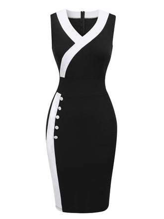 Black & White 1960s Button V-Neck Patchwork Dress, vintage dress, retro fashion - perfect for women who love vintage and retro fashion