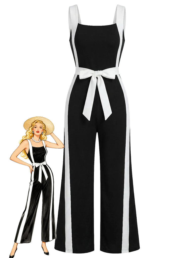 Black & White 1960s Halter Color Block Jumpsuit