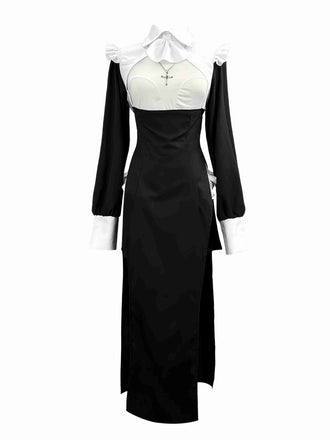 Black & White 1960s Colorblock Nun Cosplay Dress - vintage dress, retro fashion, classic black