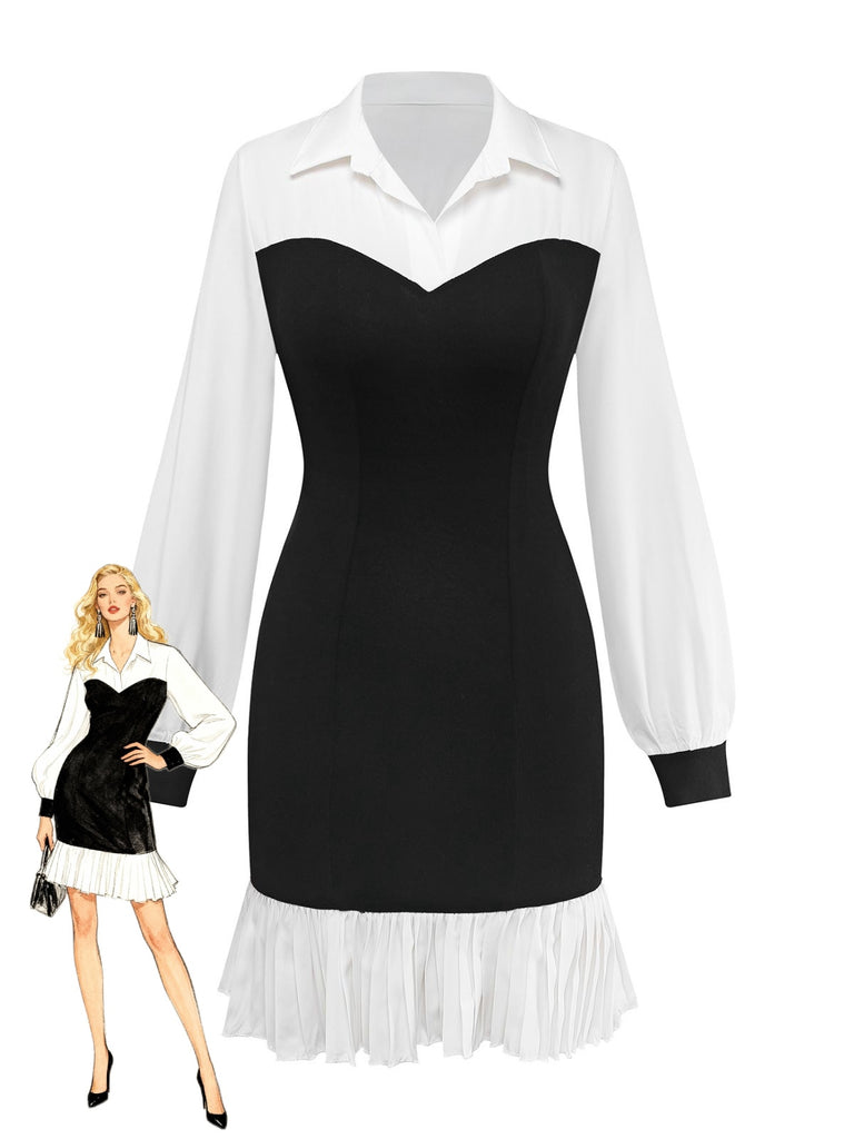 Black & White 1960s Colorblock Pleated Lapel Dress - vintage dress, retro fashion, classic black