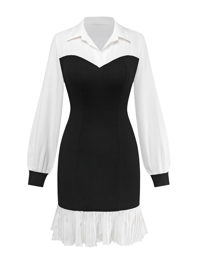 Black & White 1960s Colorblock Pleated Lapel Dress - vintage dress, retro fashion, classic black