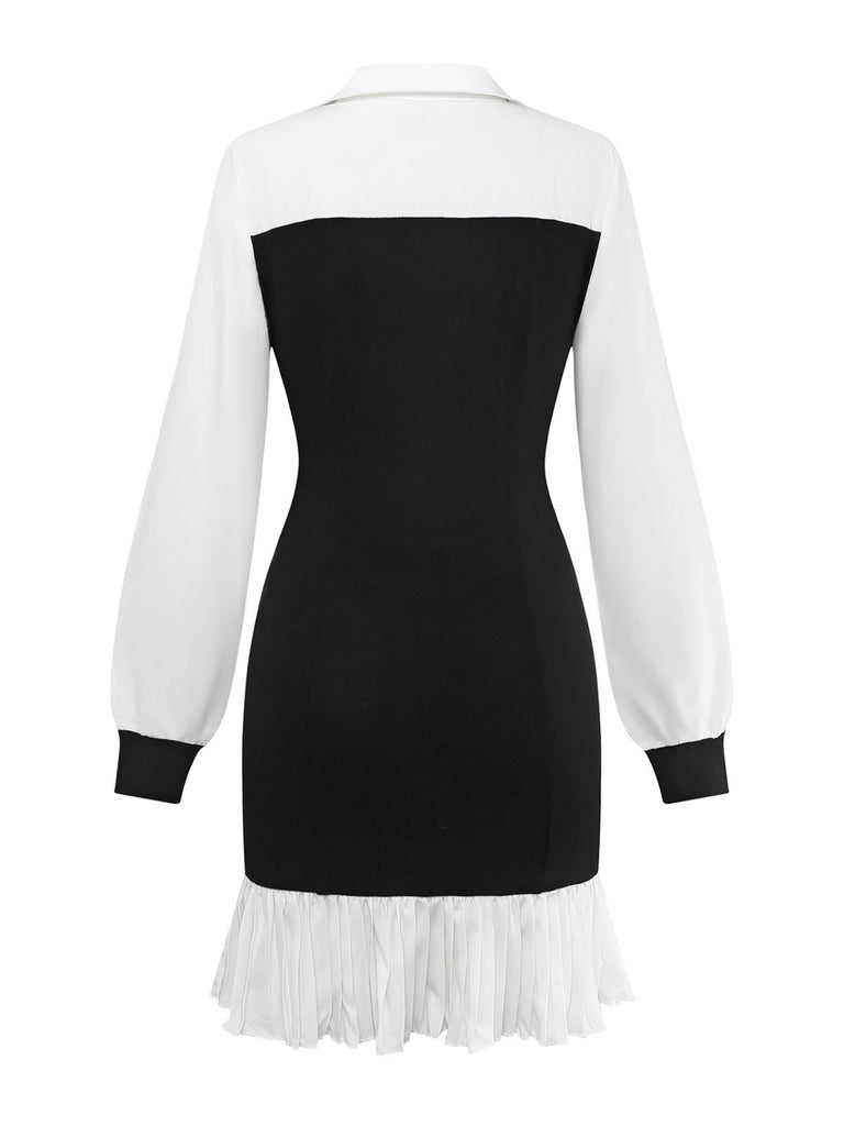 Black & White 1960s Colorblock Pleated Lapel Dress - vintage dress, retro fashion, classic black