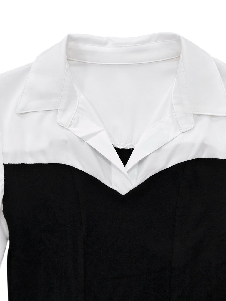 Black & White 1960s Colorblock Pleated Lapel Dress - vintage dress, retro fashion, classic black